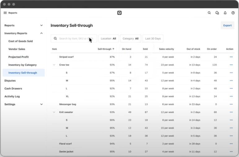 A sample inventory report in Square Inventory shows a search bar along with location, category and date range filters at the top. The report displays a list of items and the sell-through percentage, stock count, sales velocity, out of stock alert and on-order count for each item.